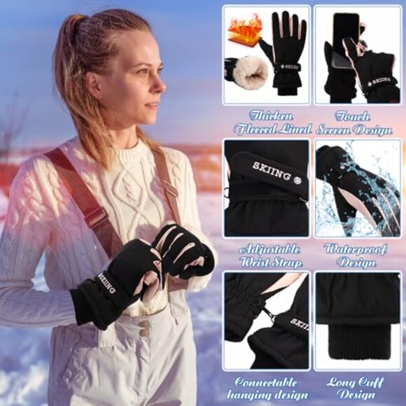 Fleece Balaclava Ski Mask Thermal Windproof 3-in-1 Hood with Touchscreen Gloves